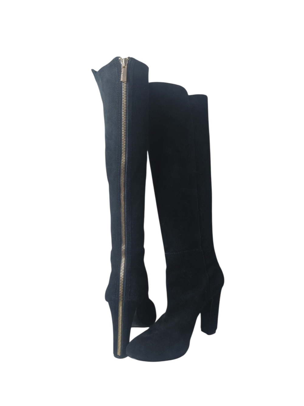 Vince Camuto Black-Knee High Suede Block Heel Boots With Gold Zip Size 9